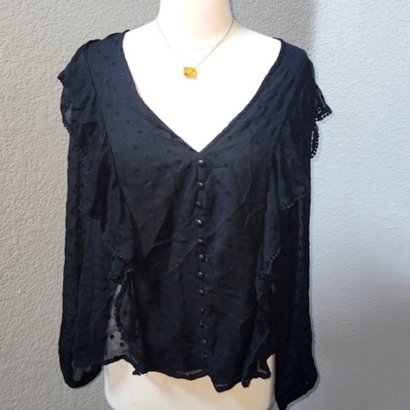 ZARA Black Ruffle Lace Trim Swiss Dot Blouse Size Large - Picture 1 of 4